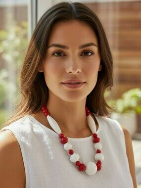 Red & White Beaded Chunky Statement Necklace